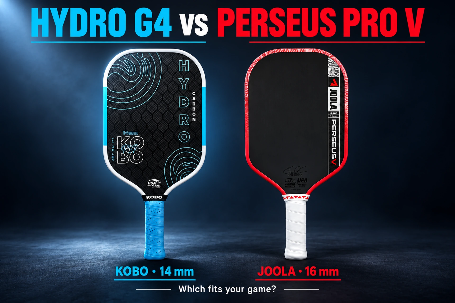 KOBO Hydro G4 14mm with blue grip, illuminated against a dark navy background, beside JOOLA Perseus Pro V 16mm with red edge and white grip.