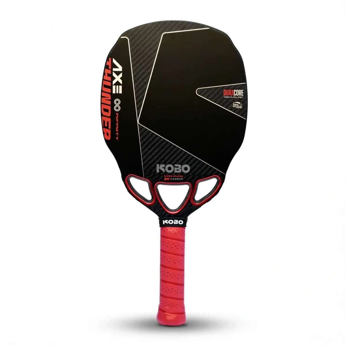 Official Thunder AXE Infinity paddle, front view: carbon face, red grip and three open air channels