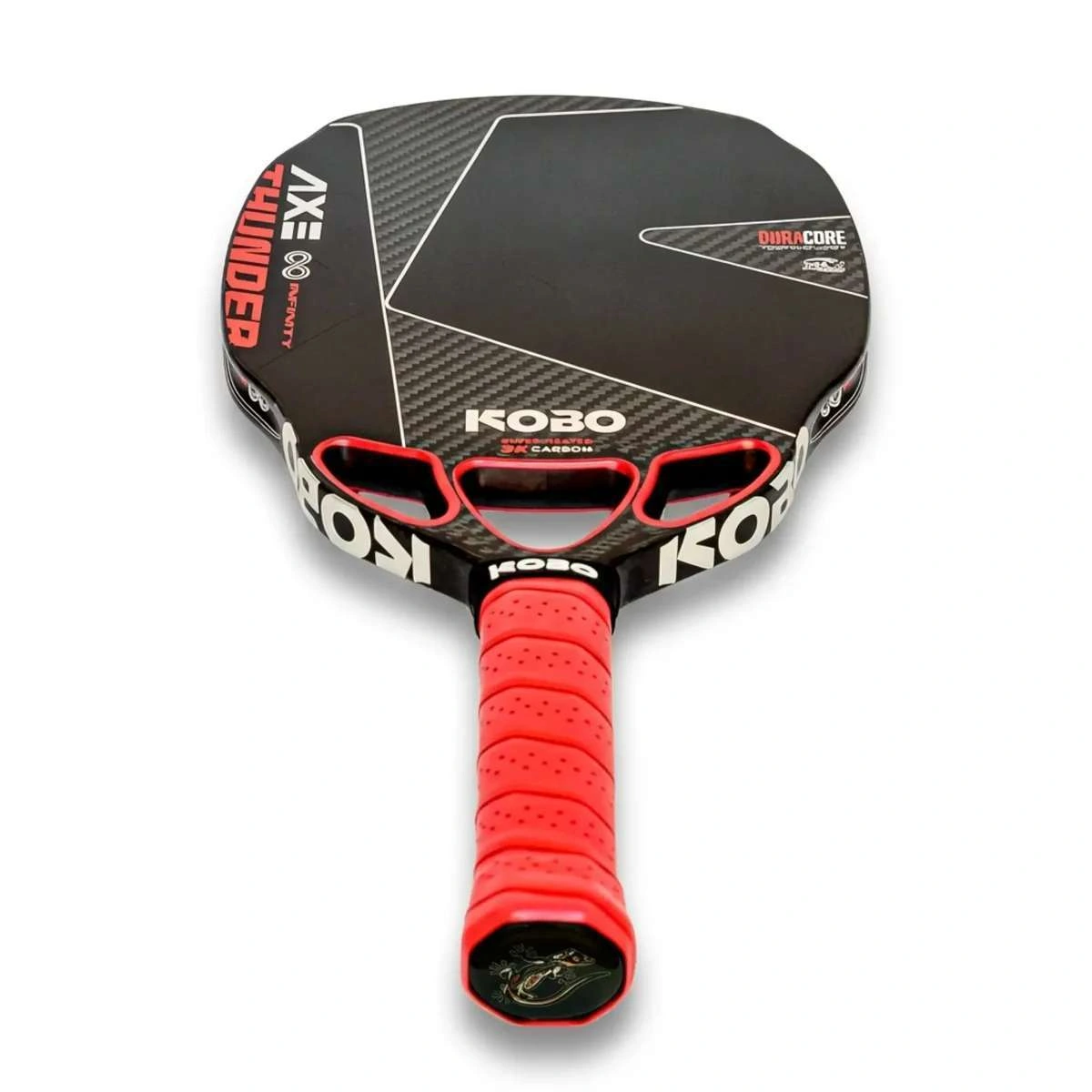 Low-angle official Thunder AXE paddle photograph showing its red handle, carbon construction and three air channels