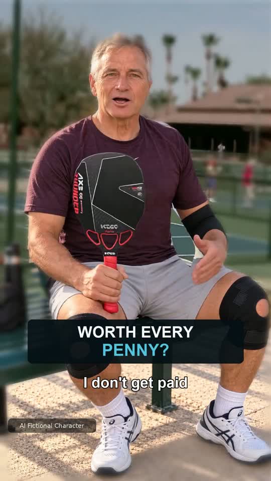 Dan seated at an outdoor pickleball court holding the Thunder AXE paddle
