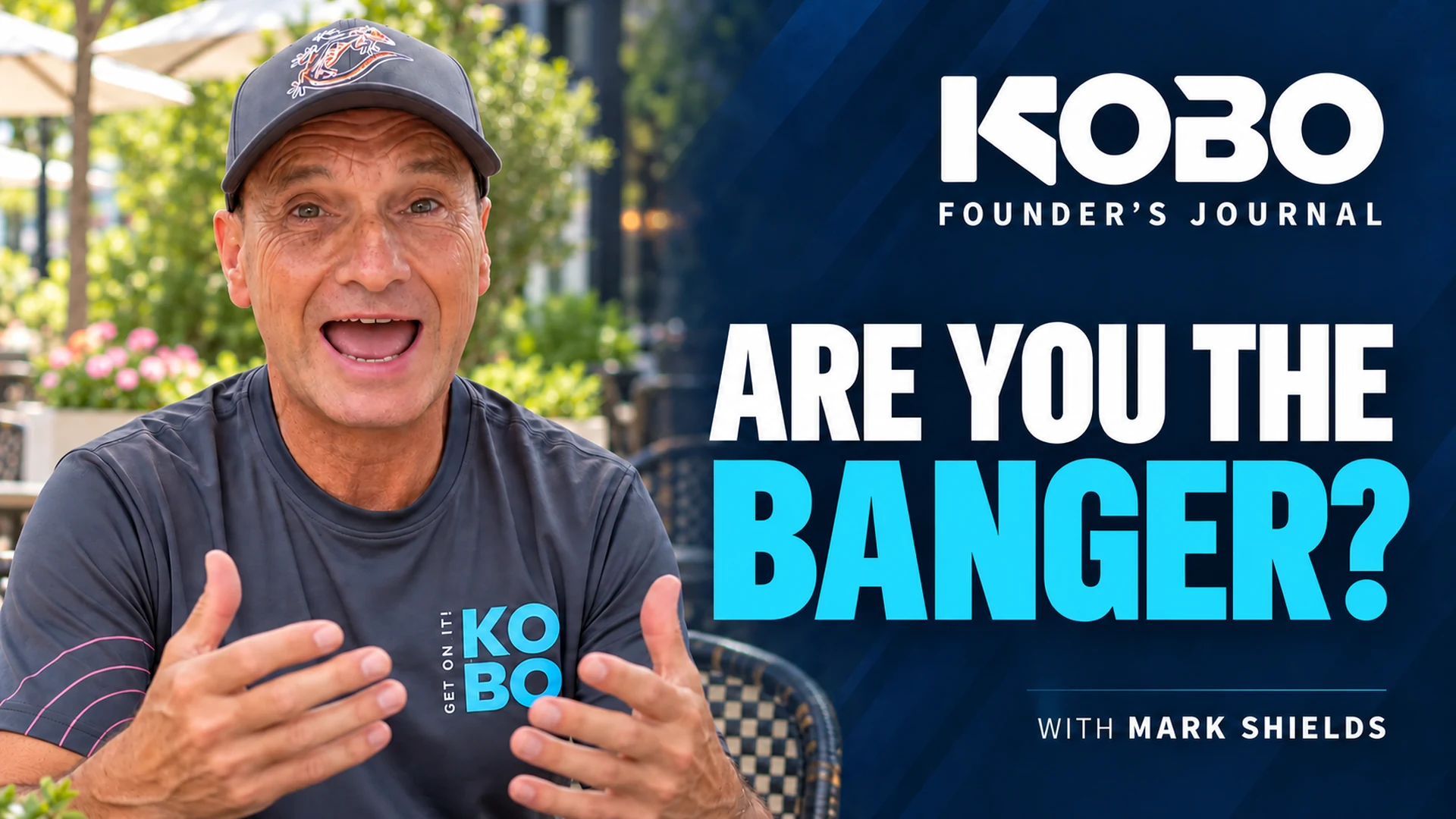 Mark Shields with Are You the Banger? and the KOBO Founder’s Journal wordmark