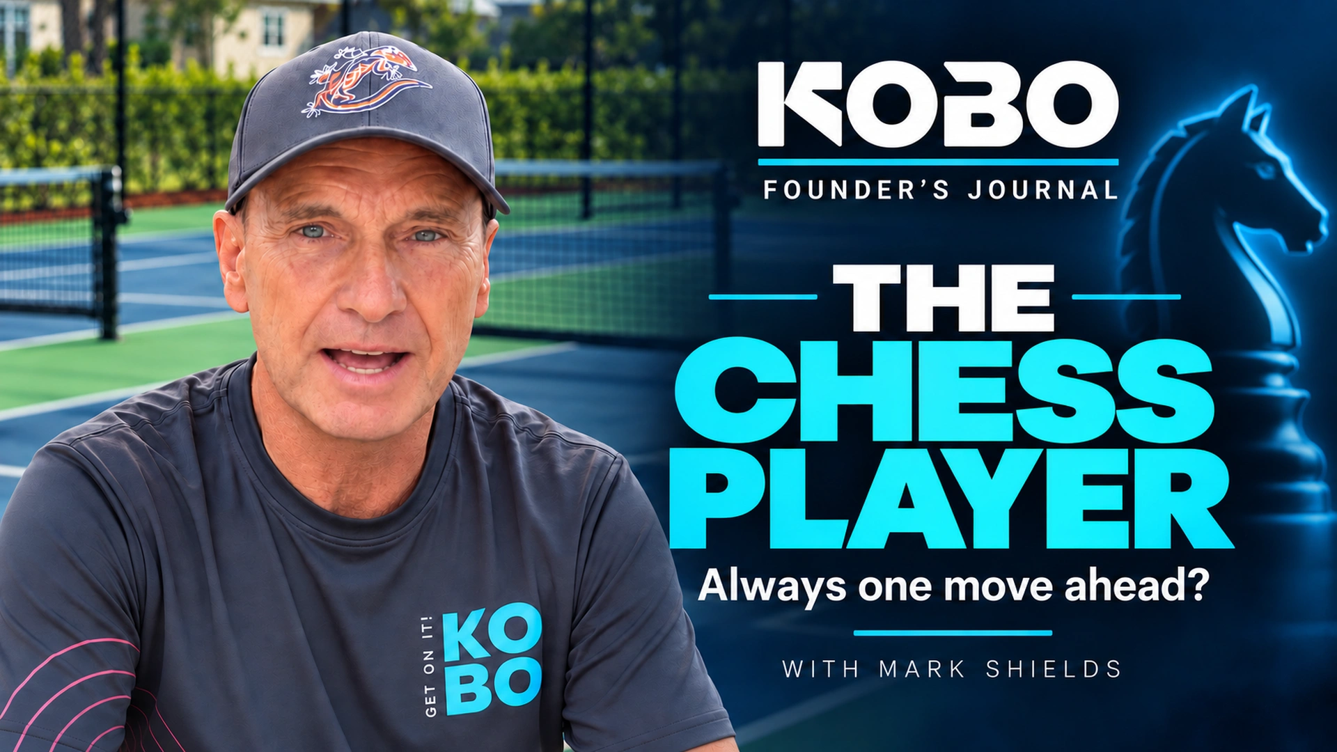 Mark Shields speaking beside The Chess Player headline and a blue chess knight