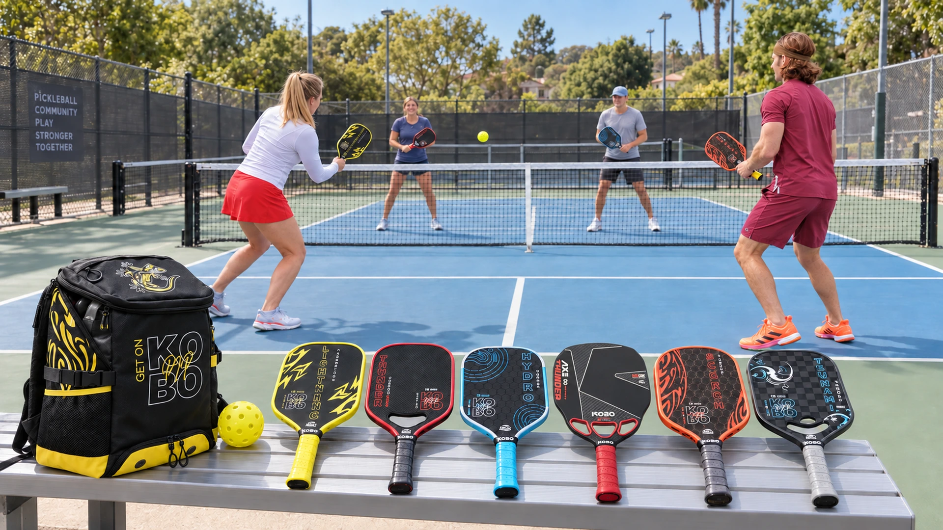 Four pickleball players on court behind a bench displaying KOBO paddles, including the silver Thunder AXE, a yellow Gecko backpack and a ball.