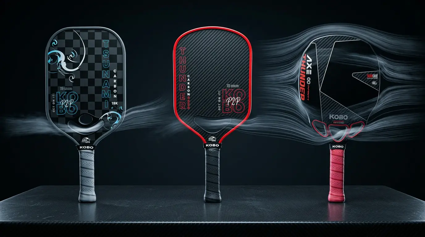 KOBO Tsunami, Thunder 3K and Thunder AXE pickleball paddles displayed with airflow streams passing around their air-channel designs